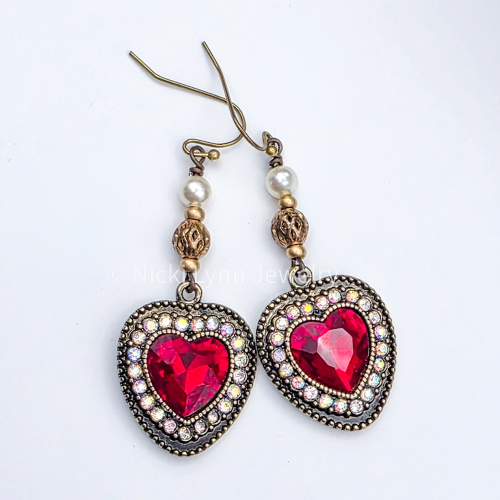 Vintage-Inspired Heart Earrings with Red Crystals